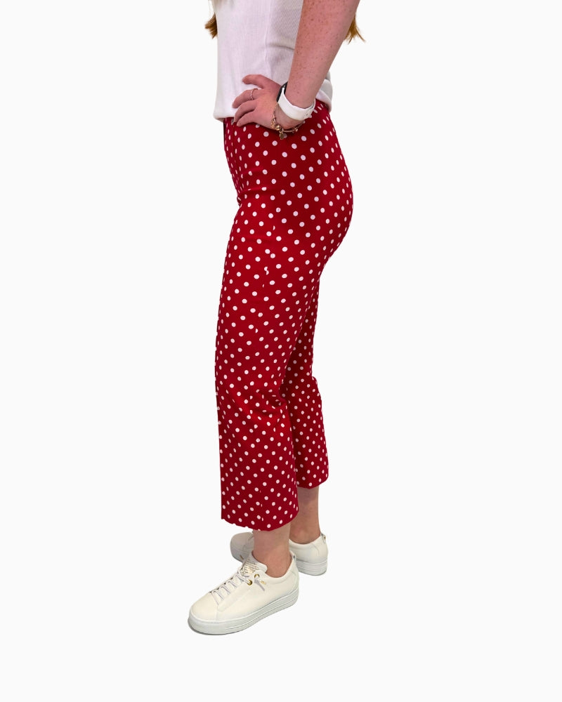 Side view of Robell Joella 09 trousers in red, highlighting decorative stitching and pull-on waistband