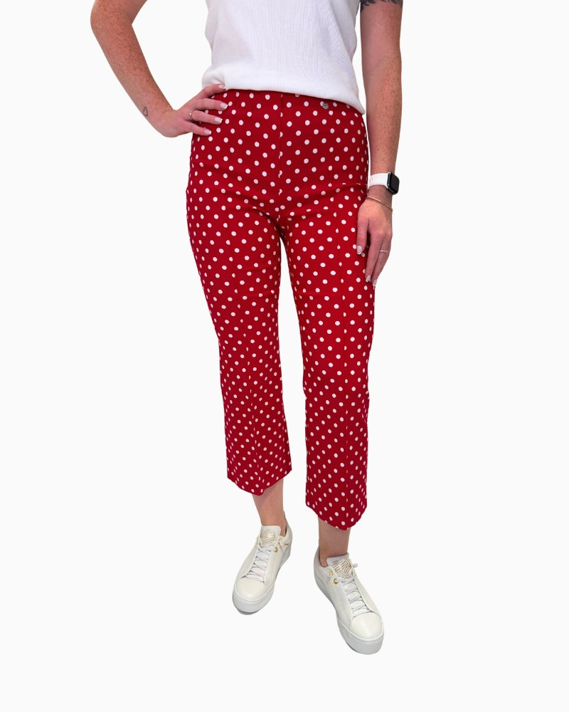 Front view of Robell Joella 09 trousers in red, showcasing slim fit and flared ankle