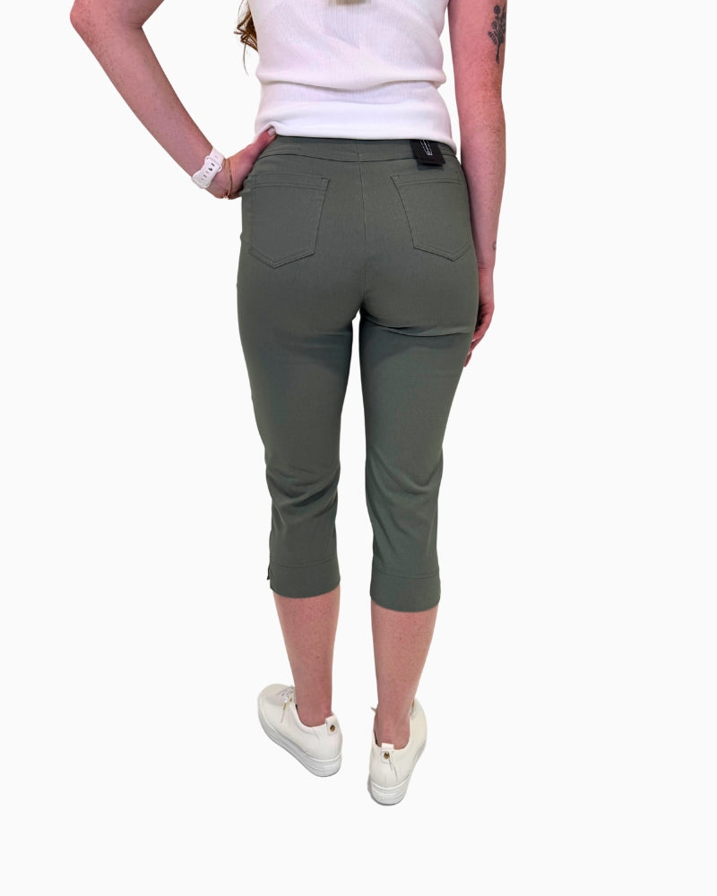 Back view of Robell Bella 07P crop trousers in olive, displaying faux pocket design