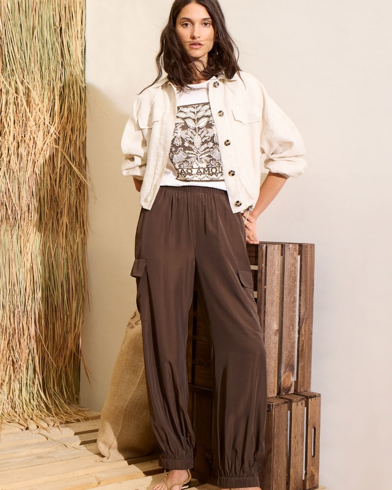 Oui Linen Blouson Jacket in Biscuit full outfit view