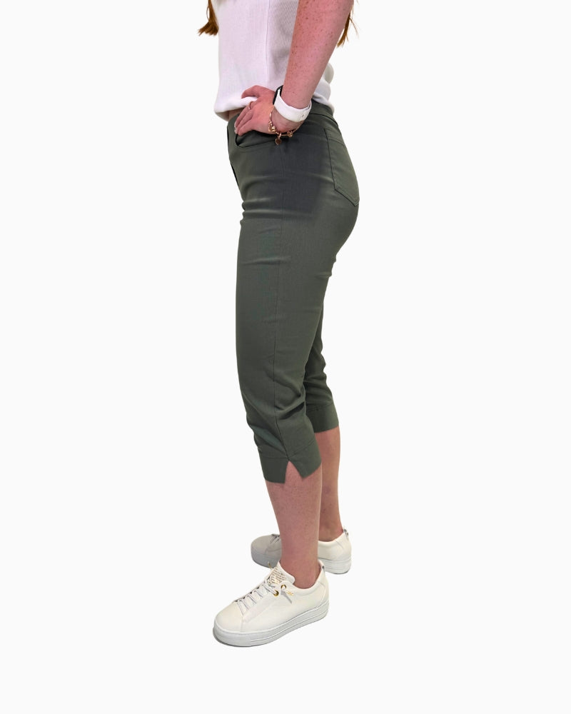 Side view of Robell Bella 07P crop trousers in olive, highlighting side slit detail at hem