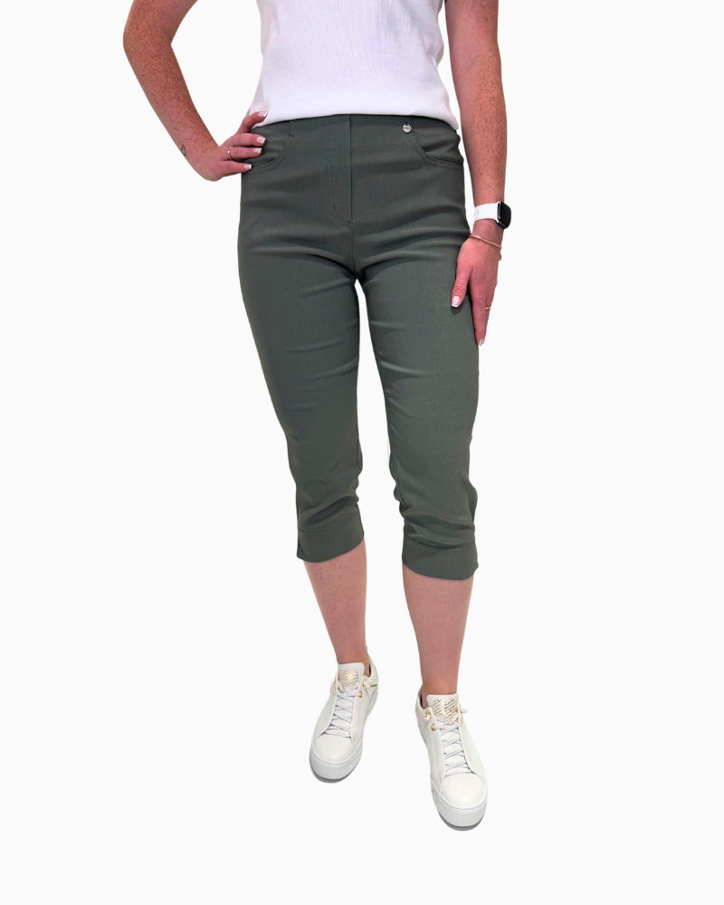 Front view of Robell Bella 07P crop trousers in olive, showing pull-on waistband and straight leg