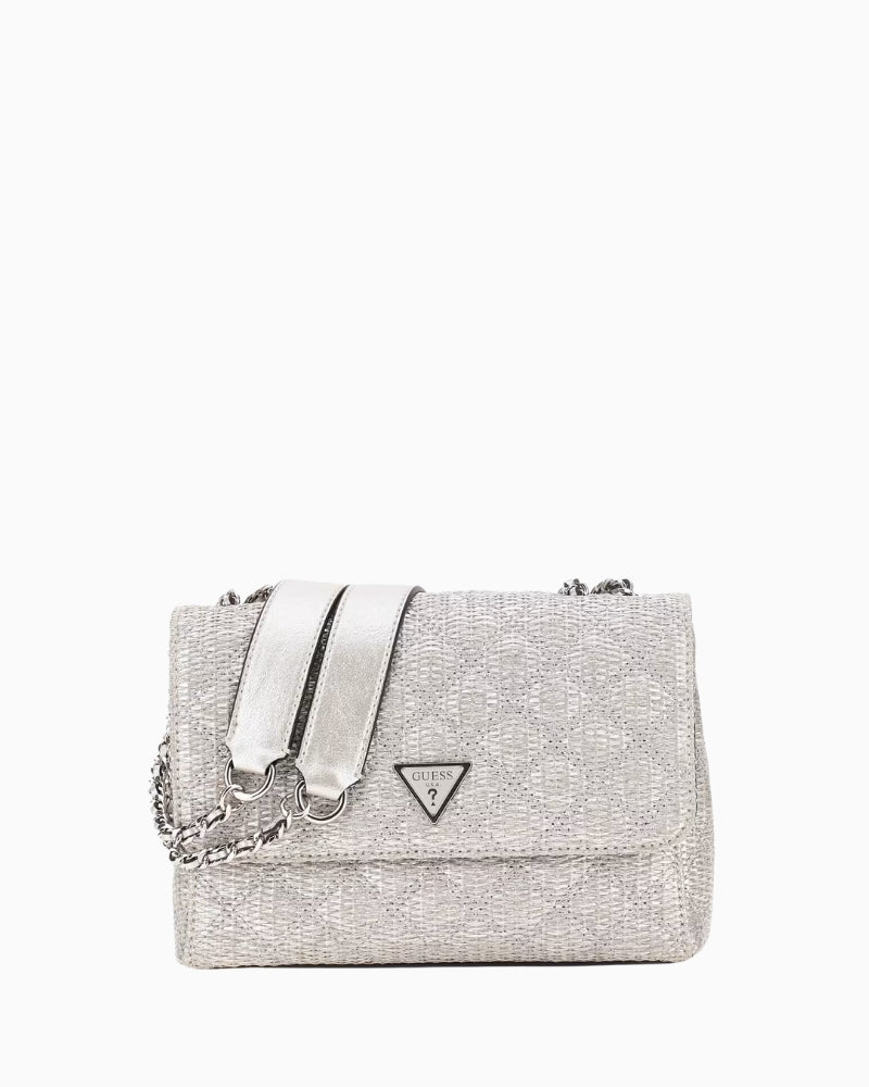 Silver Guess shoulder bag with flap closure and chain strap