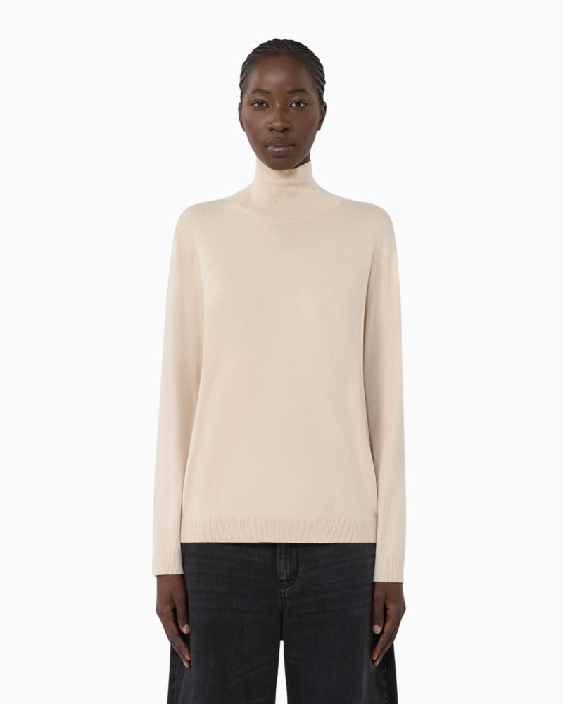 Front view of beige silk and wool turtleneck jumper by Weekend Max Mara