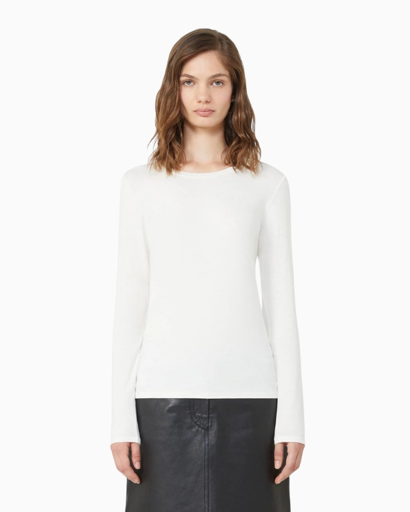 Cream stretch-viscose long sleeve t-shirt by Weekend Max Mara with offset crew neckline