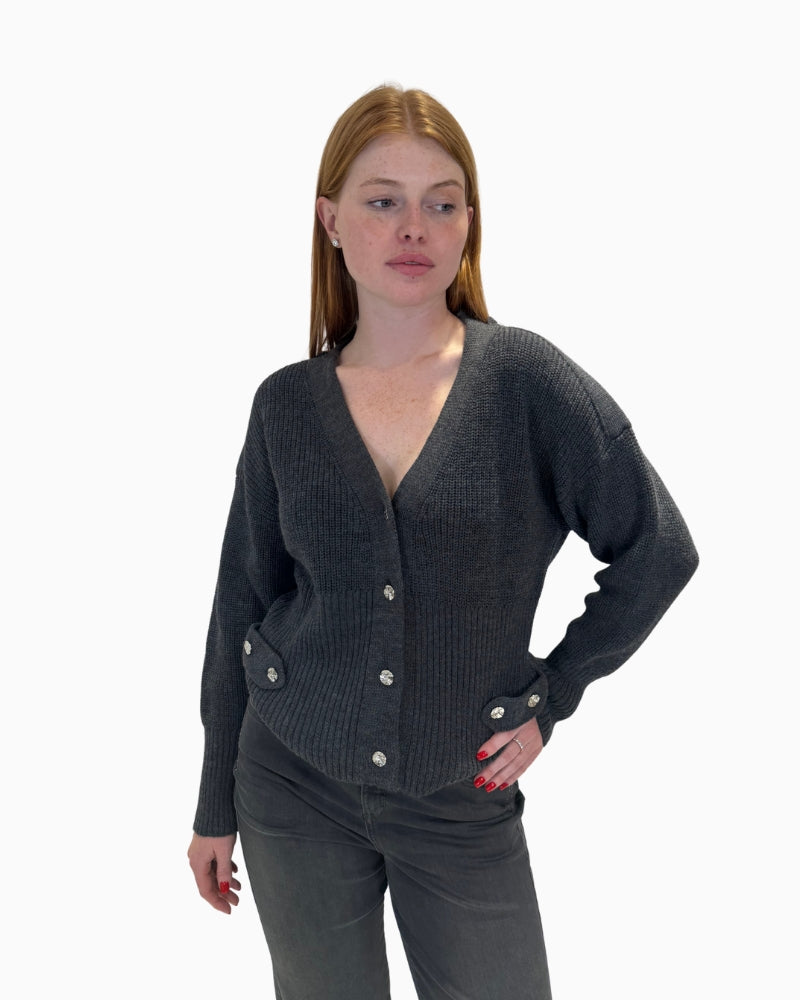 Eva Kayan dark grey knit cardigan with V-neck and button detail