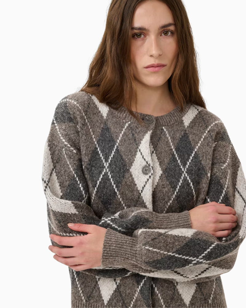 My Essential Wardrobe Paloma Check Knit Cardigan brown button detail