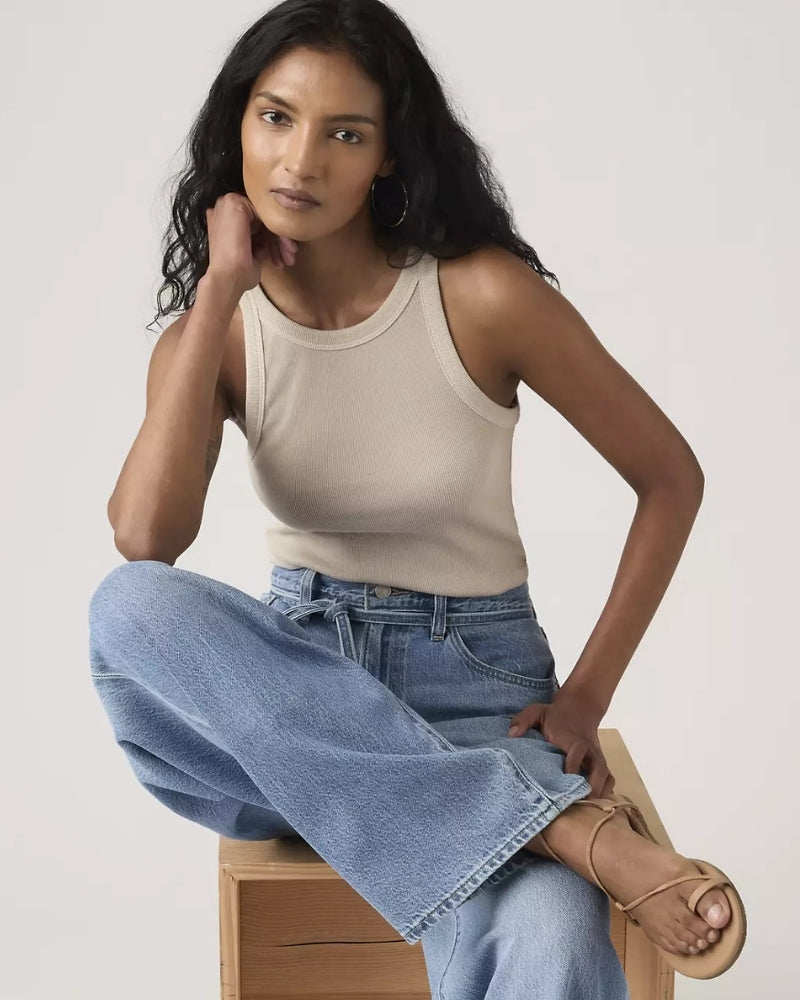 Levi’s Garment Dye Essential Racer Tank styled with wide leg jeans
