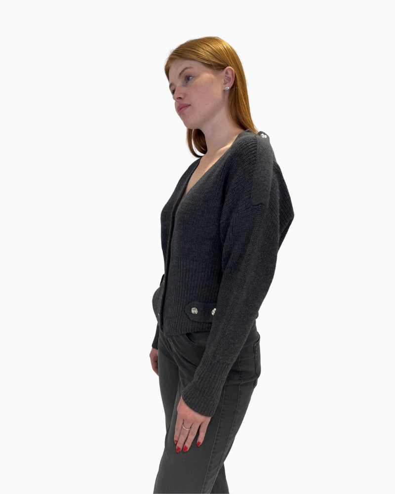 Side view of women’s grey cardigan by Eva Kayan with relaxed fit
