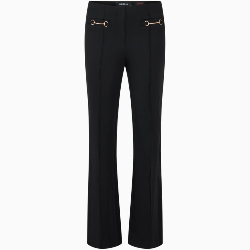 Black flared trousers by Robell with gold buckle detail and stretch waistband
