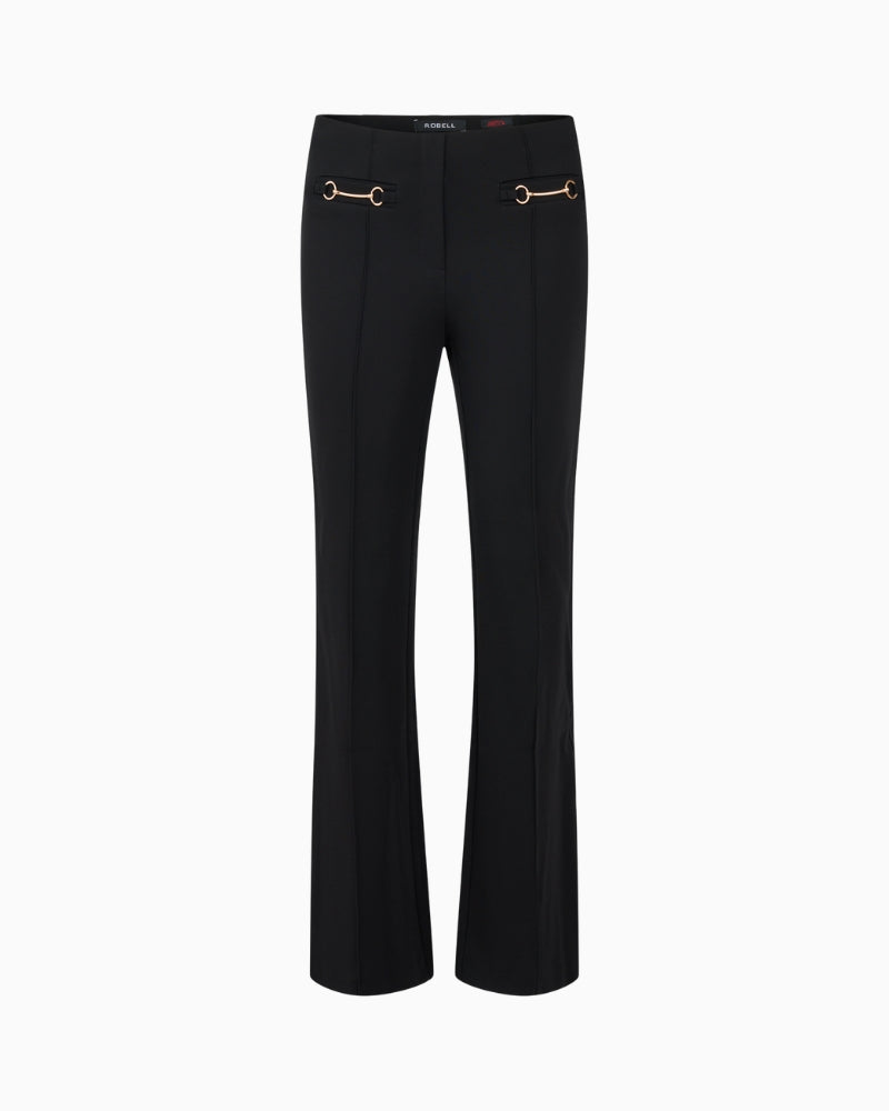 Black flared trousers by Robell with gold buckle detail and stretch waistband