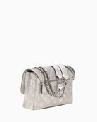 Side view of metallic silver Guess crossbody handbag