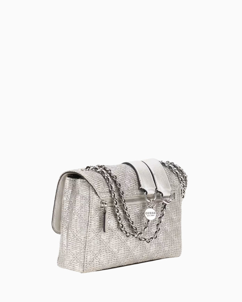 Side view of metallic silver Guess crossbody handbag