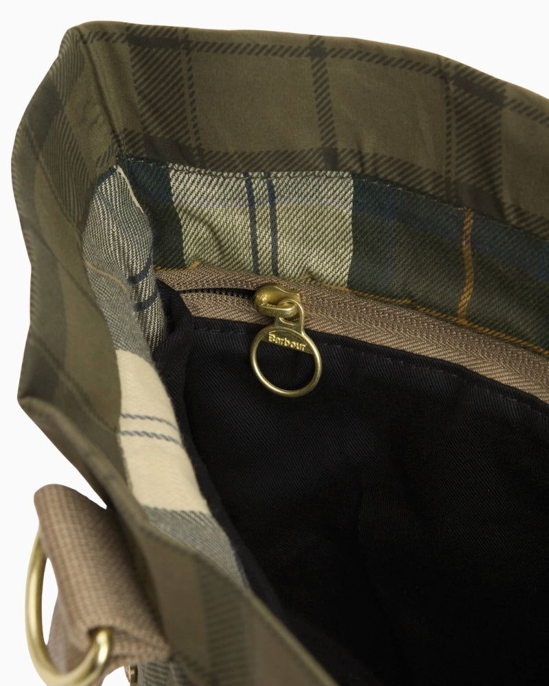 Barbour Transport Carry-All Tote Bag dusky green tartan inner zip detail
