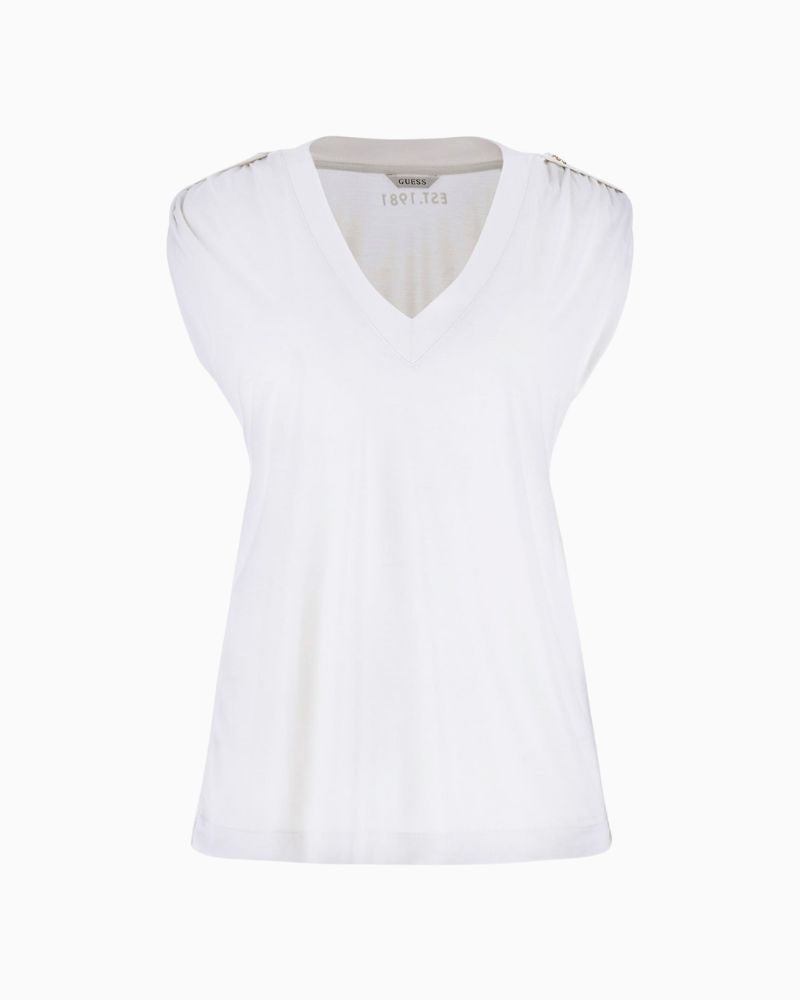 White jersey V-neck top by GUESS with buttoned epaulettes