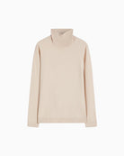 Flat lay of beige turtleneck jumper with ribbed trim