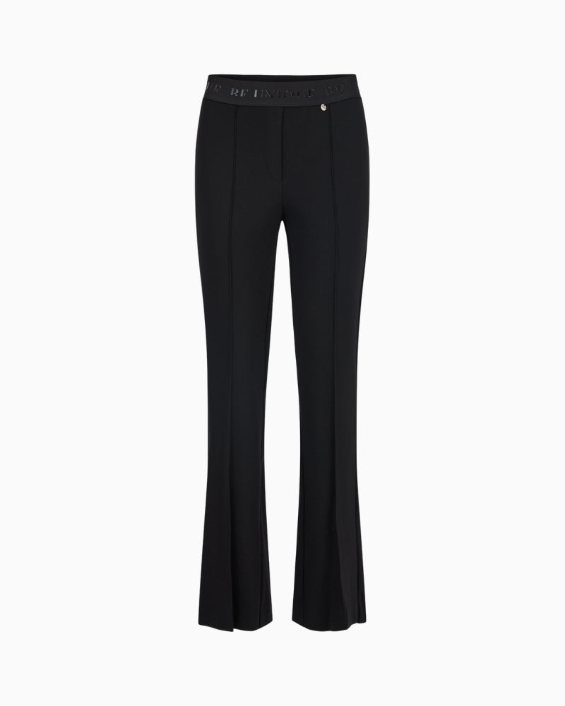 Black kick-flare trousers by Robell Joella with flat waistband and stretch fabric