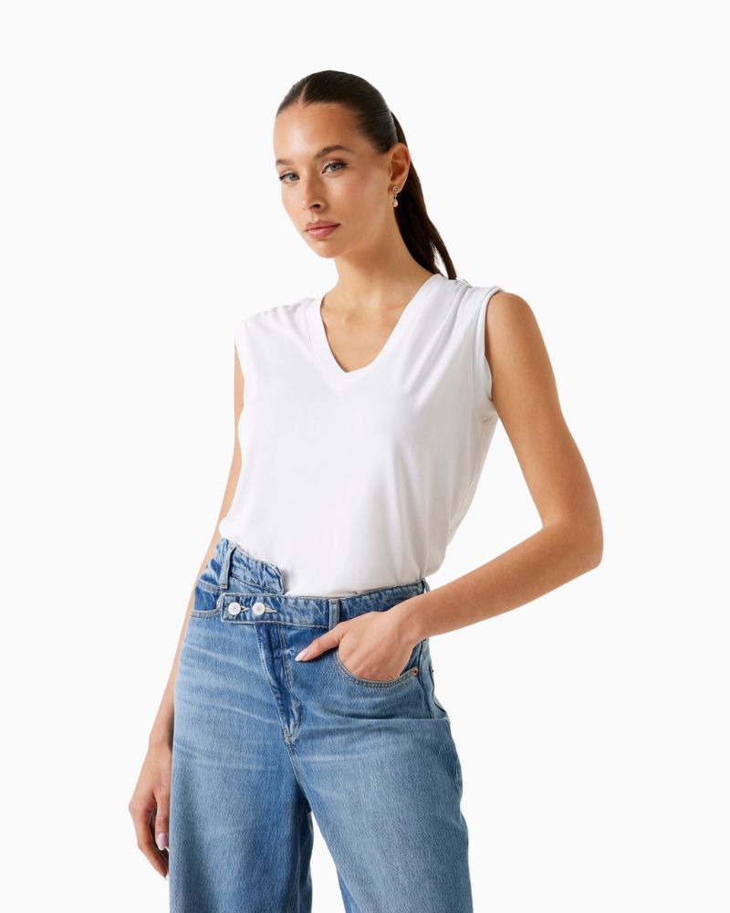 White jersey V-neck top by GUESS with buttoned epaulettes