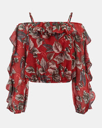 Guess Jeans - LS Iggy Ruffle Top in Red - Full View
