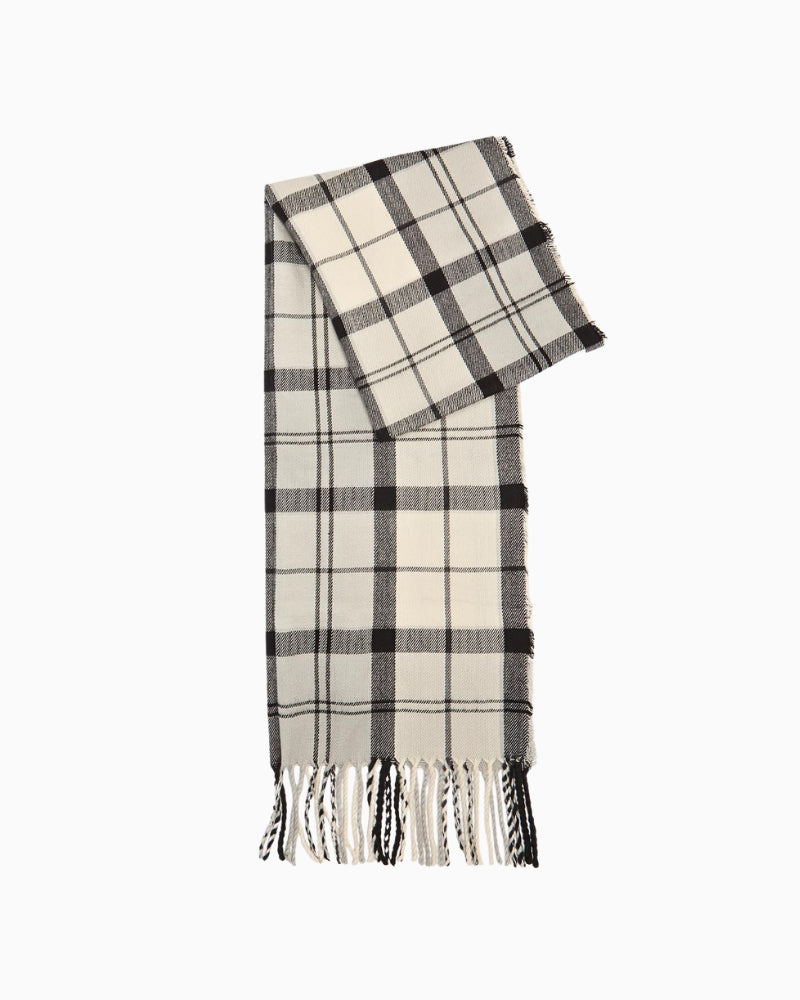 Folded view of Barbour Hailes scarf in monochrome tartan with tassels