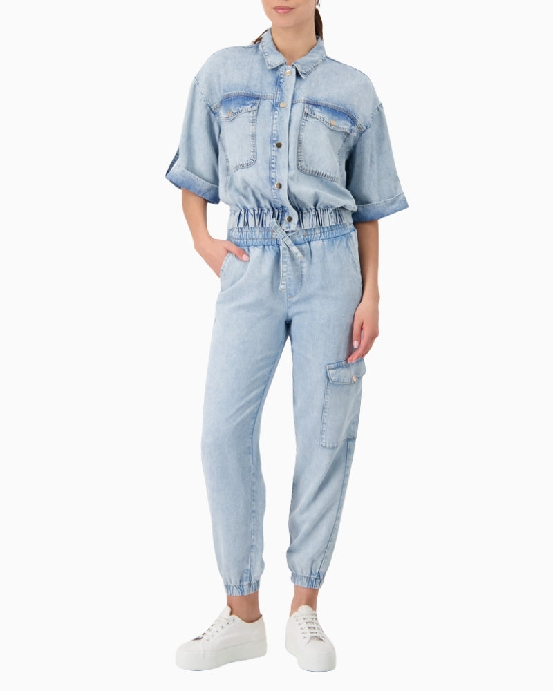 Monari Lightweight Denim Jacket in Light Blue Denim model worn front view