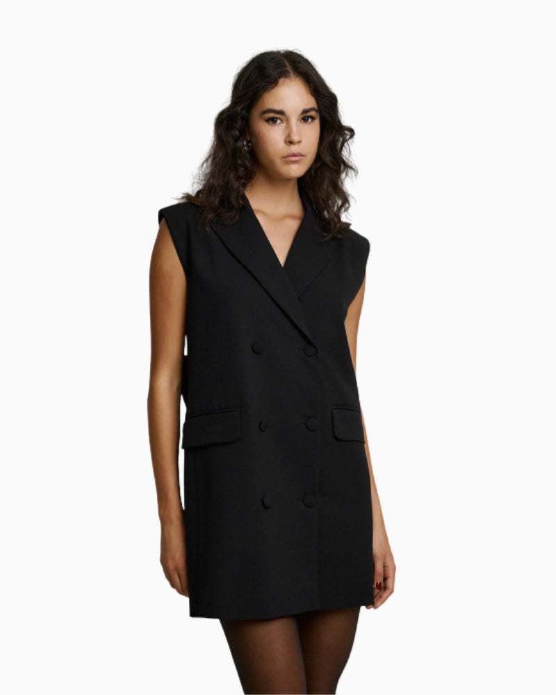 Front view of Access sleeveless blazer dress with double-breasted closure
