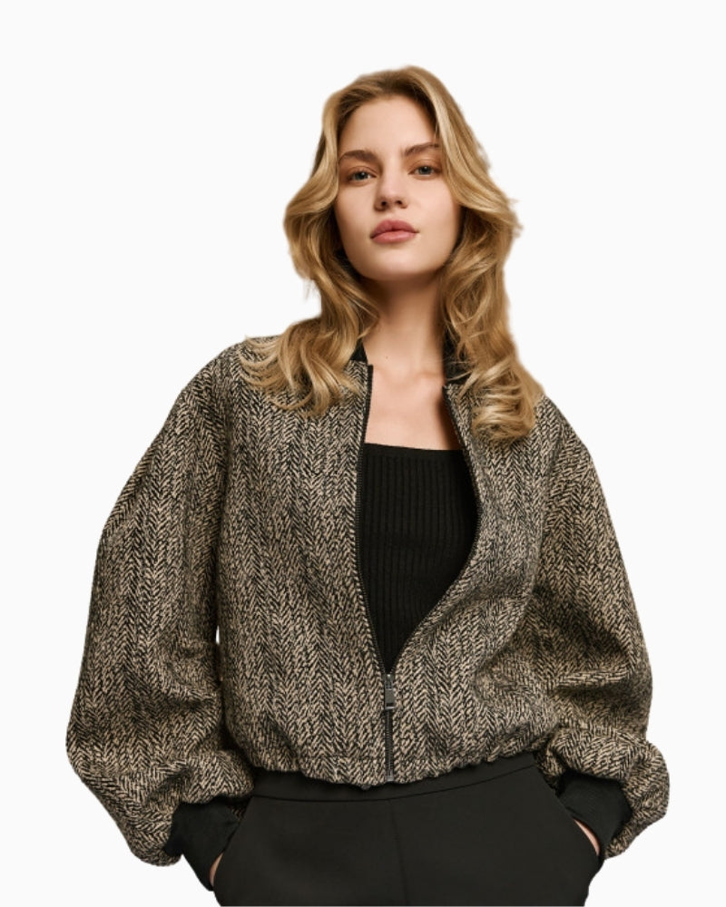 Beige cropped herringbone bomber jacket by Access Fashion with ribbed cuffs and zip front