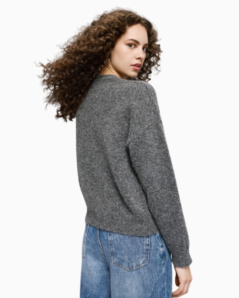 Back view of soft winter jumper in recycled yarn blend