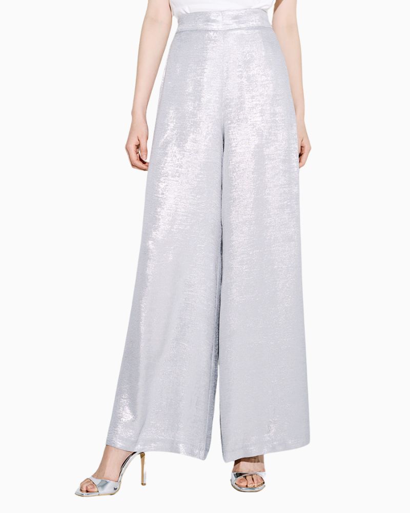 Access Fashion metallic-effect wide-leg trousers in silver with high waist and elastic back