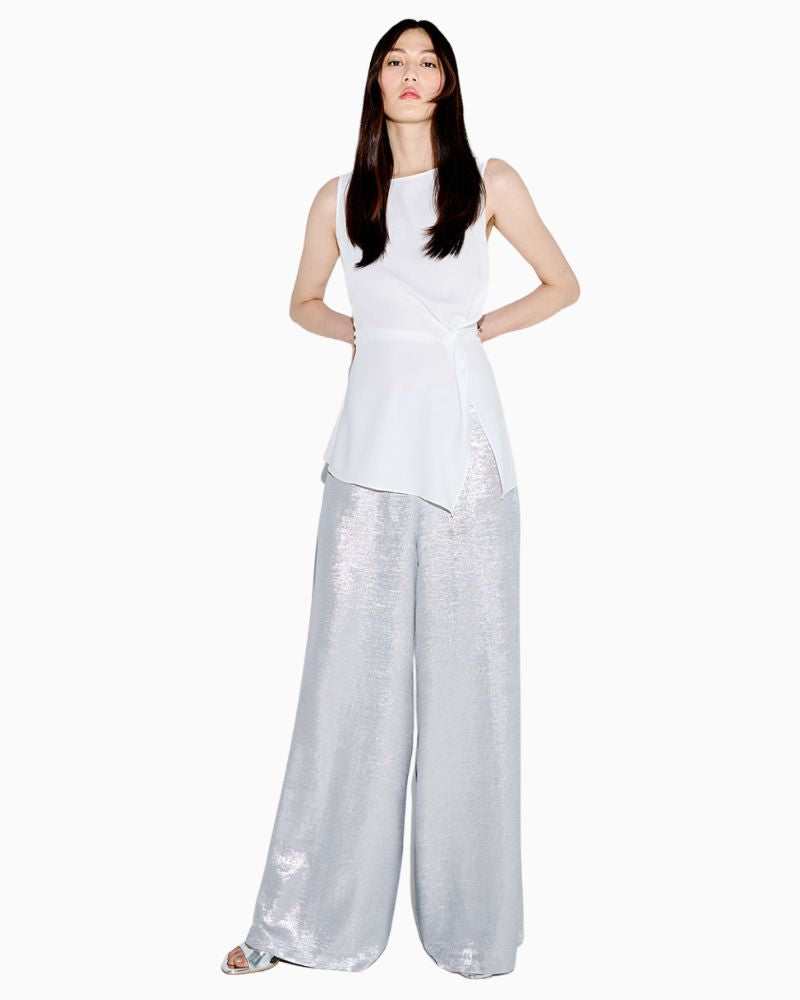 Access Fashion metallic-effect wide-leg trousers in silver with high waist and elastic back