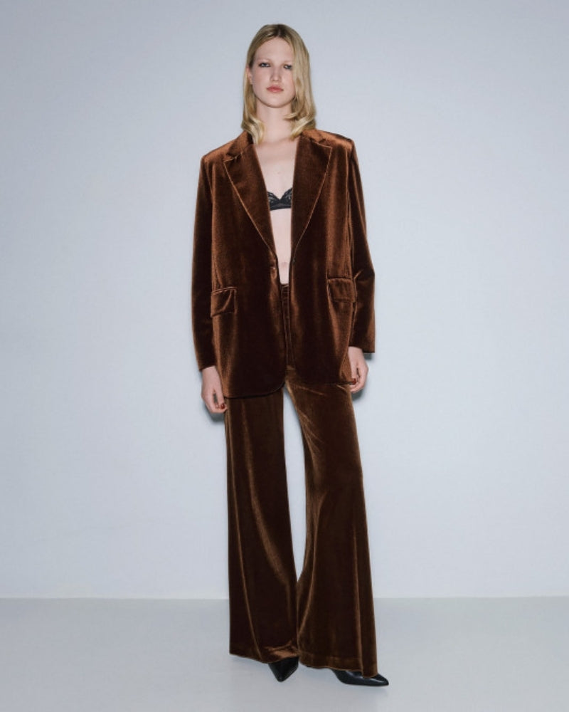 Front view of Access Fashion chocolate velvet wide-leg trousers