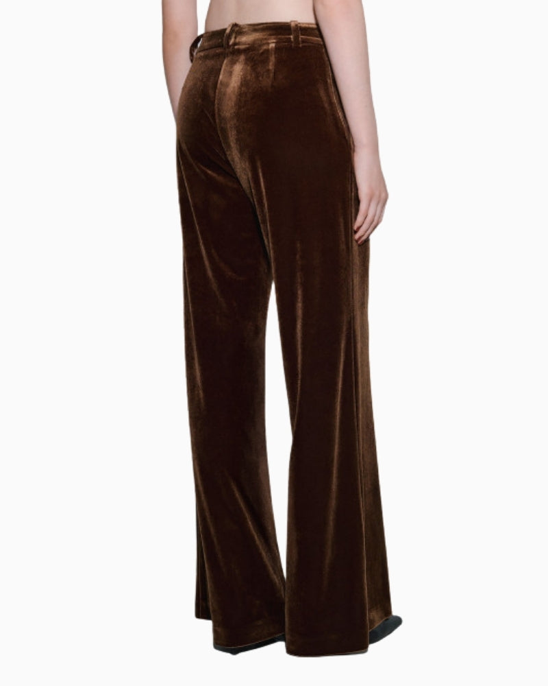 Back view of velvet trousers with belt loops and tailored fit