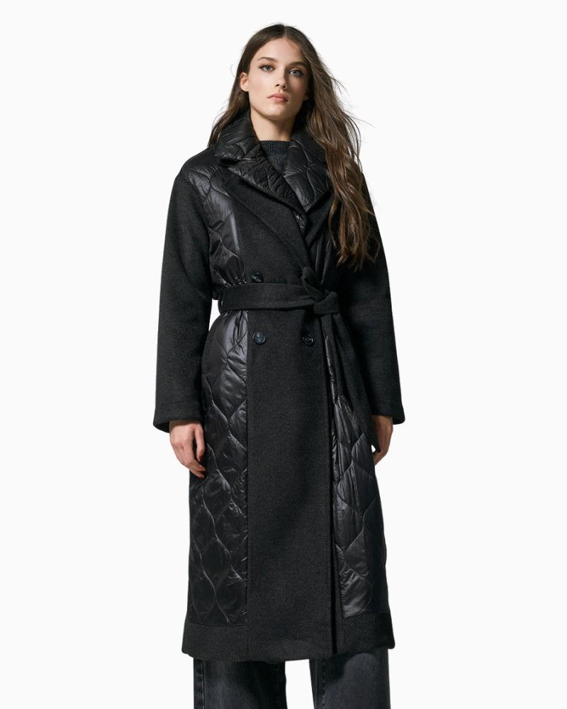Black long quilted coat by Access Fashion with belt and notched lapel