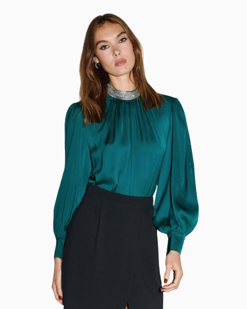 Forest green shimmery blouse by Access Fashion with rhinestone neckline