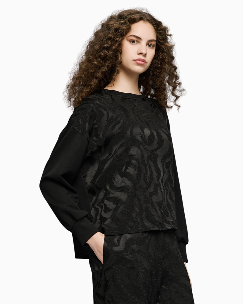 Side view of Access jacquard blouse showing relaxed fit and sleeve drape