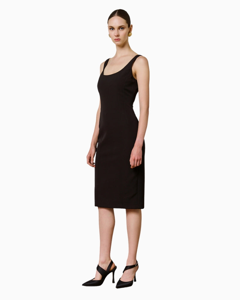 Full look with model wearing black pencil midi dress by Access with square neckline