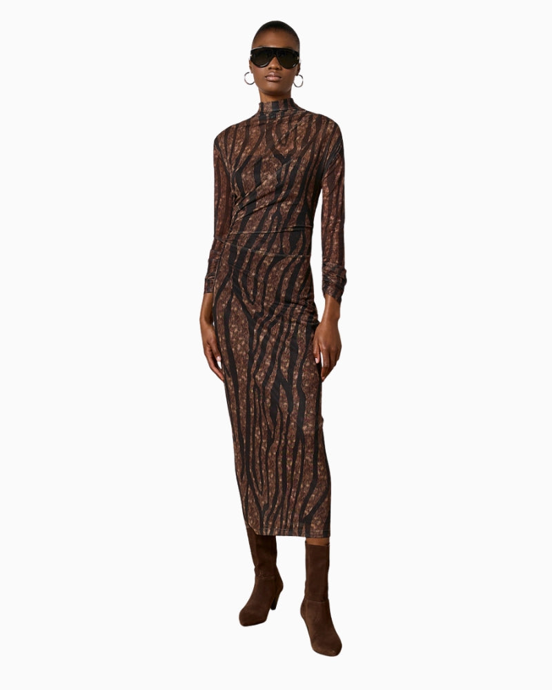 Full look with model wearing brown printed tulle midi dress by Access