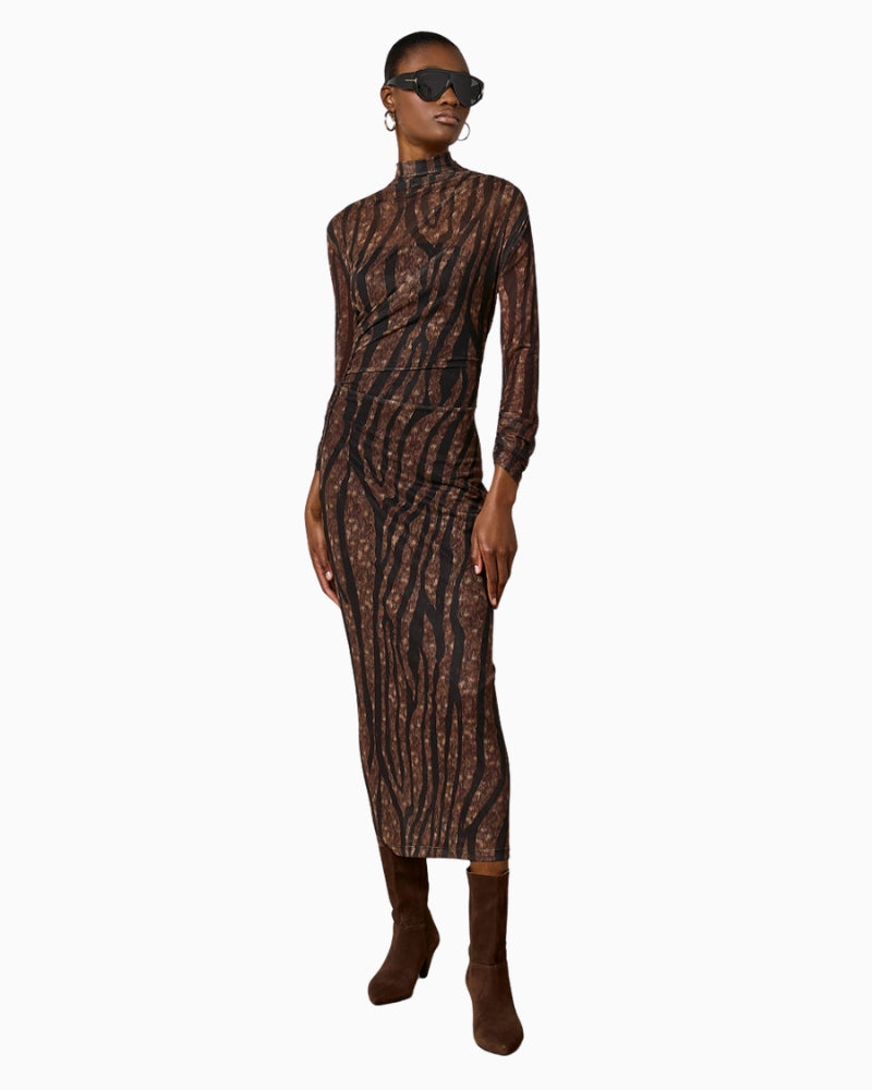 Front view of printed tulle midi dress with ruched detailing