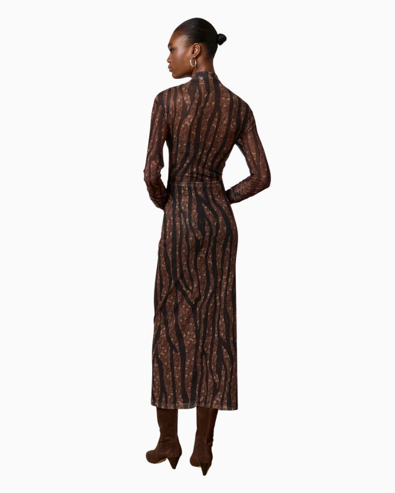 Back view of brown printed tulle dress with smooth lining and tulle overlay