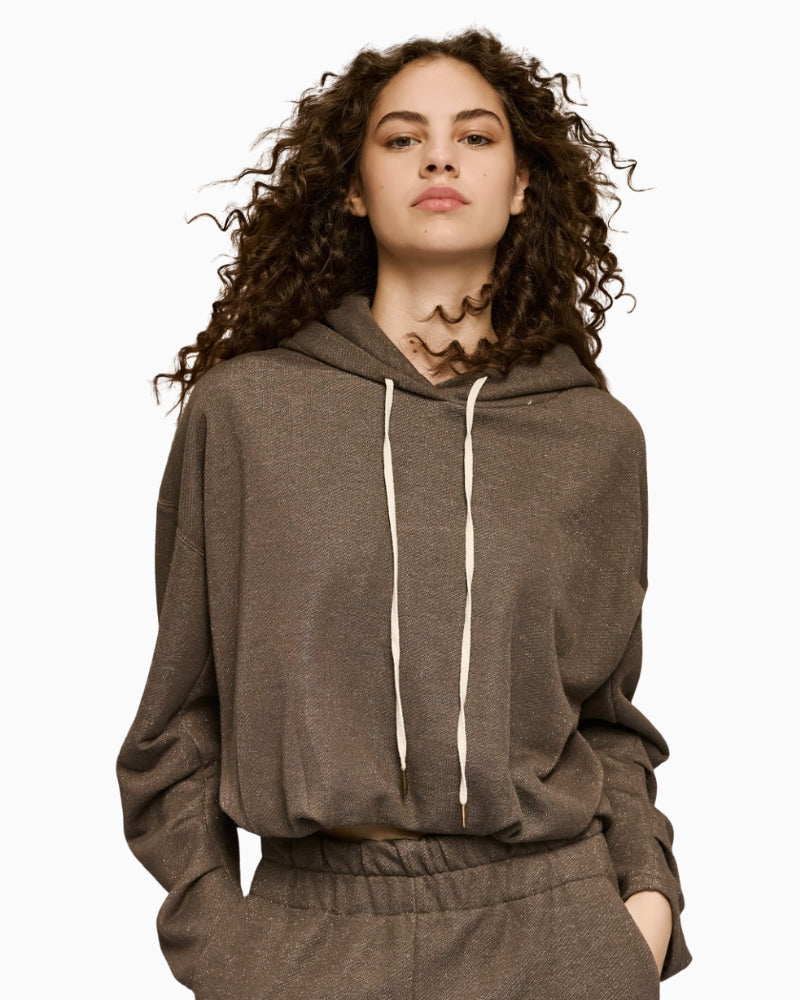 Front view of brown sweatshirt with hood and metallic-effect thread detailing