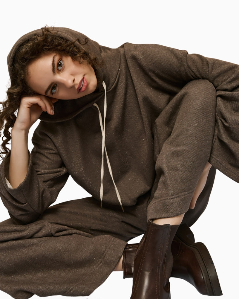Full look with model wearing brown sweatshirt by Access with balloon hem and matching bottoms