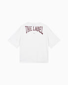 Back view of Alix white tee showing bold logo on heavy jersey fabric