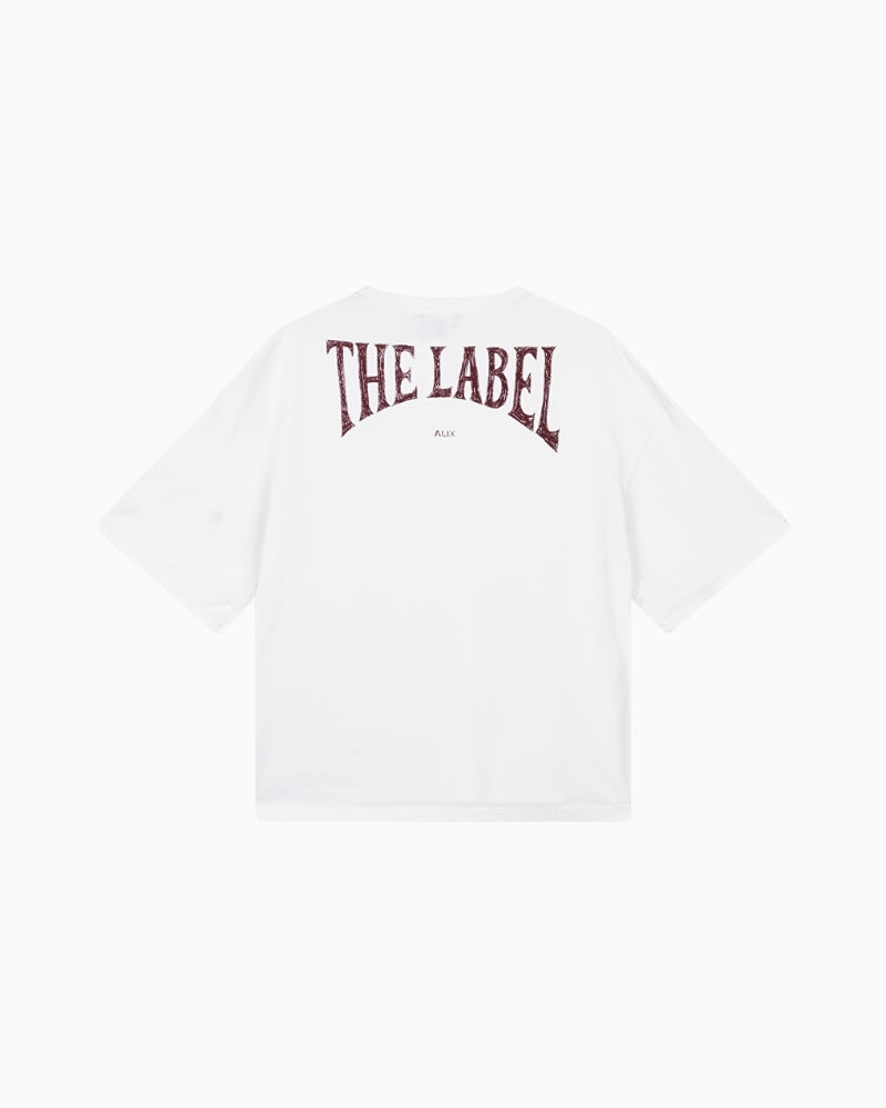 Back view of Alix white tee showing bold logo on heavy jersey fabric