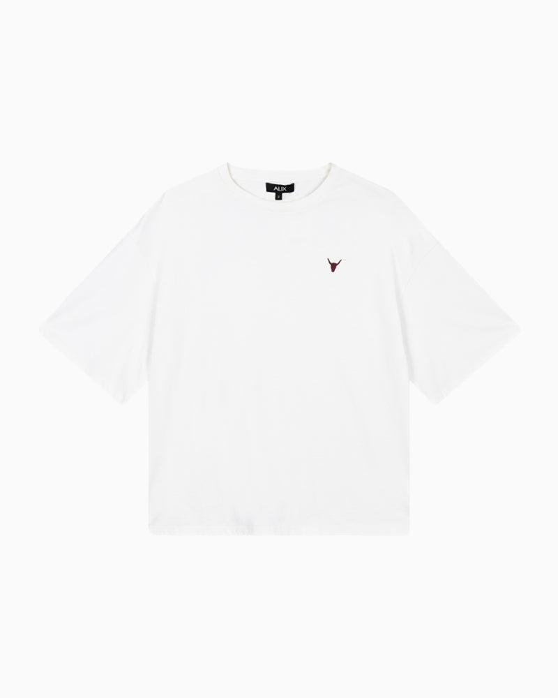 Front view of soft white tee with small bull logo at chest by Alix