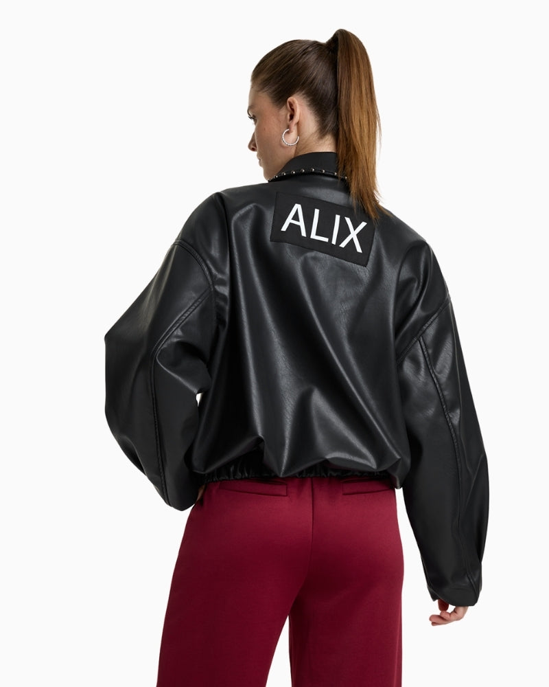 Back view of ALIX Flowy Bomber with bold ALIX branding across the back