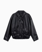 Black faux leather bomber by ALIX The Label with studded shoulders and cropped fit