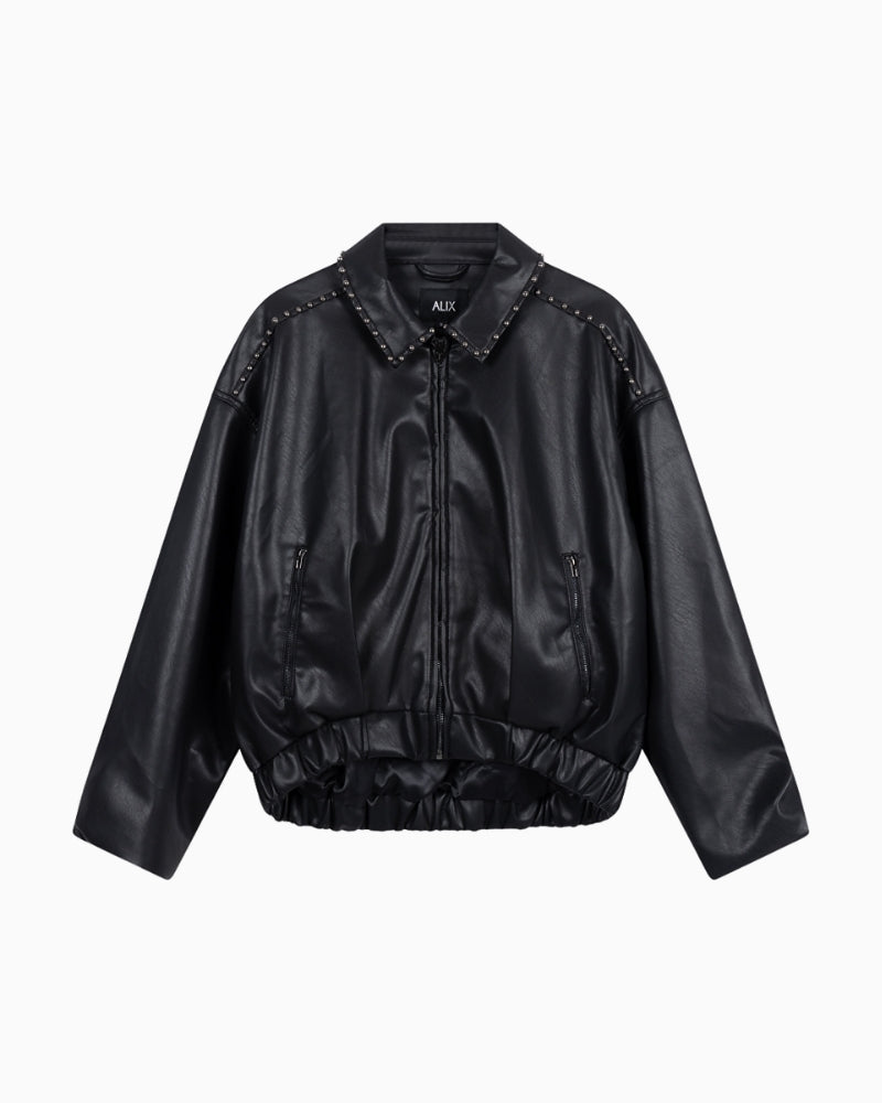 Black faux leather bomber by ALIX The Label with studded shoulders and cropped fit