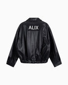 Back view of ALIX Flowy Bomber with bold ALIX branding across the back