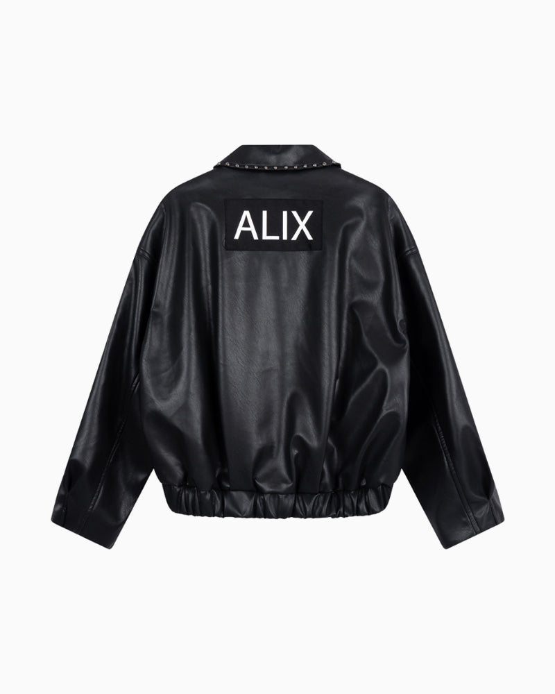 Back view of ALIX Flowy Bomber with bold ALIX branding across the back
