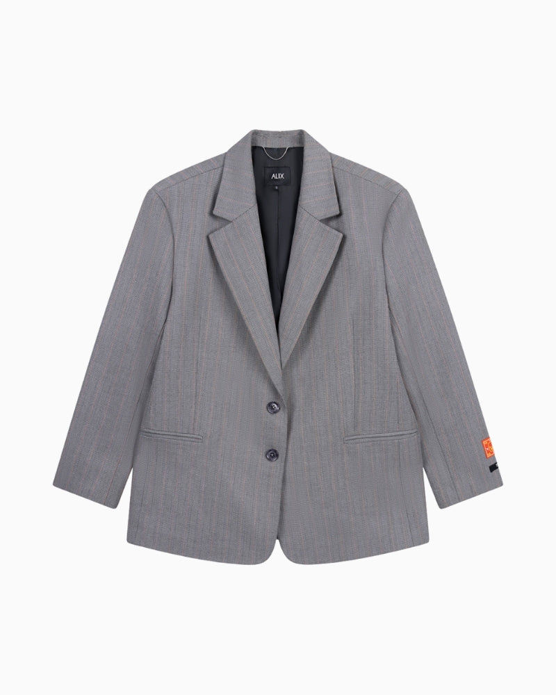 Front view of Alix soft grey grandad blazer with structured shoulders